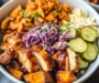 BBQ Chicken Bowls with Sweet Potatoes, Coleslaw, and Pickles