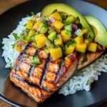 Grilled Lime Salmon with Avocado-Mango Salsa and Coconut Rice recipe