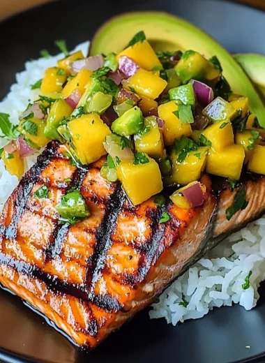 Grilled Lime Salmon with Avocado-Mango Salsa and Coconut Rice recipe