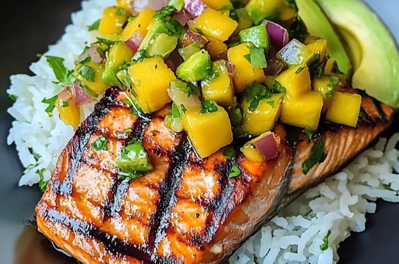 Grilled Lime Salmon with Avocado-Mango Salsa and Coconut Rice recipe