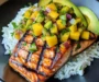 Grilled Lime Salmon with Avocado-Mango Salsa and Coconut Rice recipe