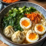 Dumpling Ramen Bowl with Soft-Boiled Eggs and Fresh Greens