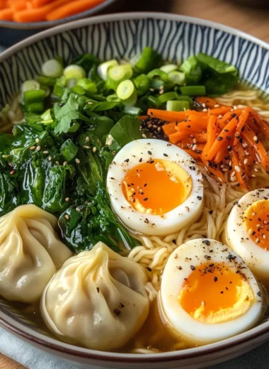 Dumpling Ramen Bowl with Soft-Boiled Eggs and Fresh Greens