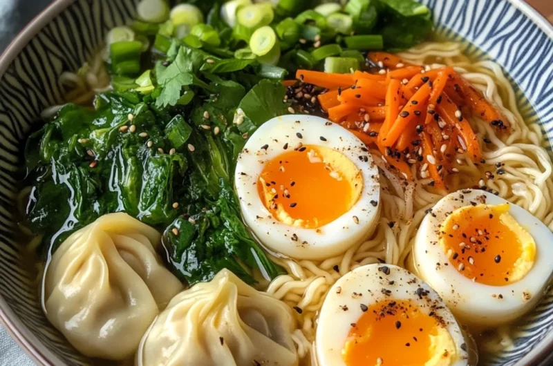 Dumpling Ramen Bowl with Soft-Boiled Eggs and Fresh Greens