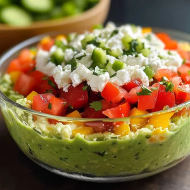Triple Layer Guacamole Creamy Cotija and Confetti Salsa Party Dip