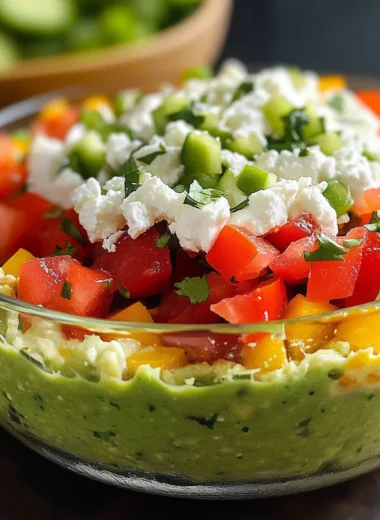 Triple Layer Guacamole Creamy Cotija and Confetti Salsa Party Dip