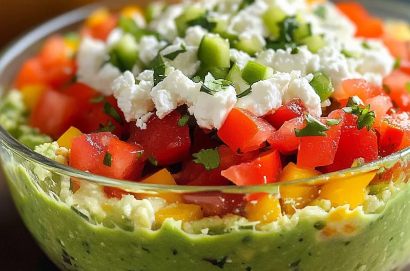 Triple Layer Guacamole Creamy Cotija and Confetti Salsa Party Dip
