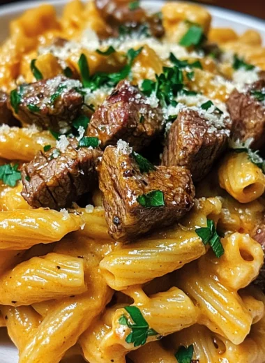 Creamy Buffalo Garlic Butter Steak Bites Pasta