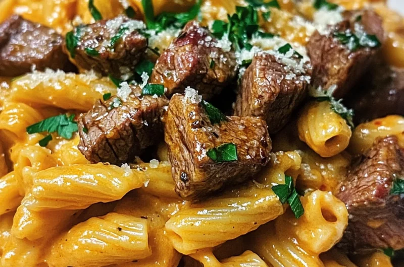 Creamy Buffalo Garlic Butter Steak Bites Pasta