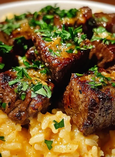 Garlic Butter Cajun Steak Bites and Cheddar Rice