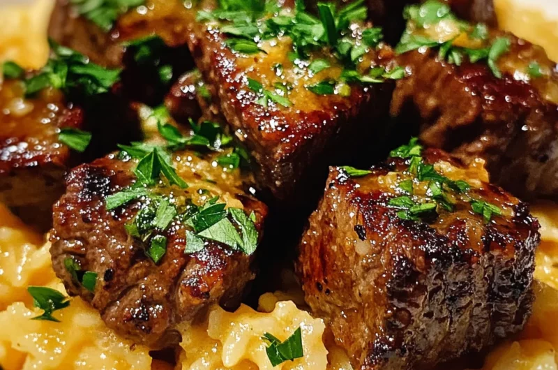 Garlic Butter Cajun Steak Bites and Cheddar Rice