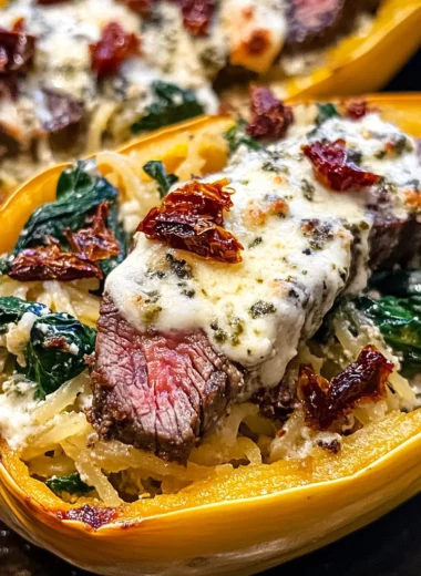 Keto Low Carb Steak Gorgonzola Alfredo Spaghetti Squash