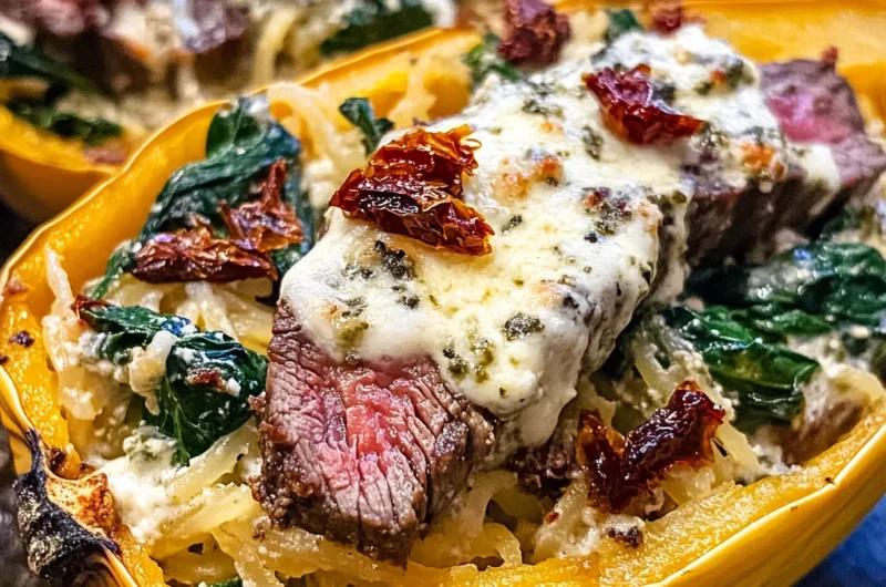 Keto Low Carb Steak Gorgonzola Alfredo Spaghetti Squash