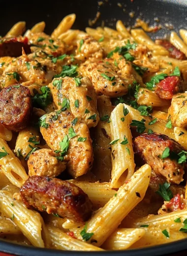 One Pot Creamy Garlic Butter Bold Cajun Chicken And Sausage Pasta