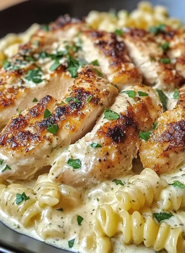 Creamy Garlic Parmesan Chicken with Cheesy Twisted Pasta