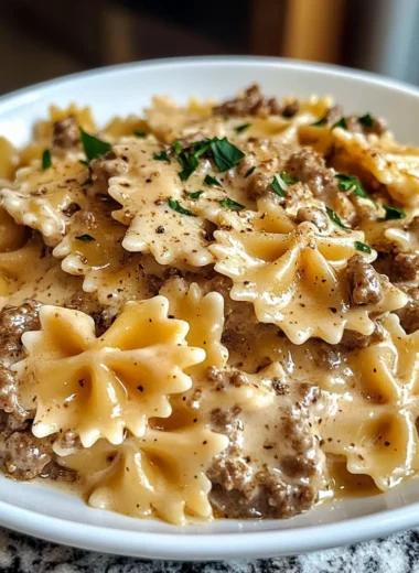 Creamy Parmesan Garlic Beef Bowtie Pasta