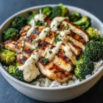 Grilled Chicken Broccoli Bowls with Creamy Garlic Sauce