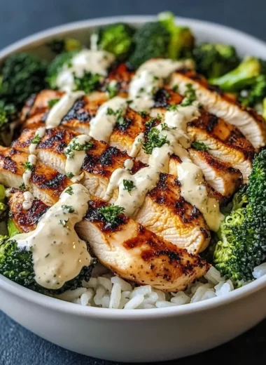 Grilled Chicken Broccoli Bowls with Creamy Garlic Sauce