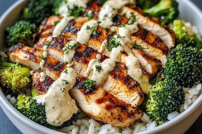 Grilled Chicken Broccoli Bowls with Creamy Garlic Sauce