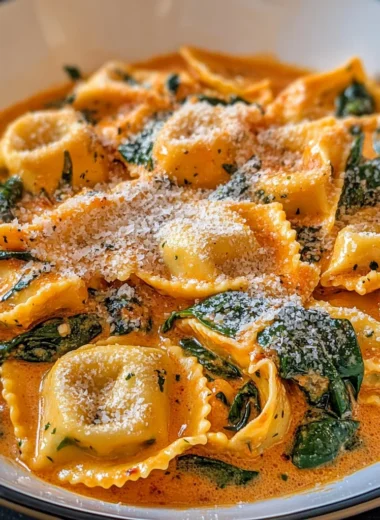 Quick Tortelloni with Spinach in a Creamy Tomato Sauce