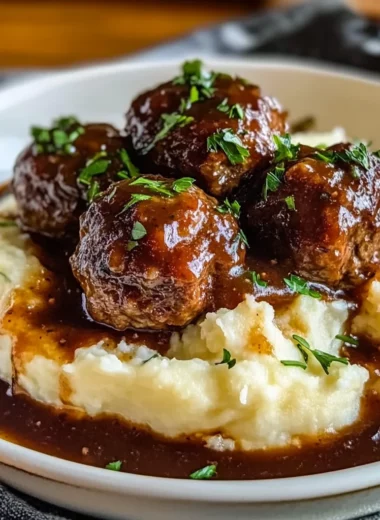 Salisbury Steak Meatballs with Garlic Herb Mashed Potatoes