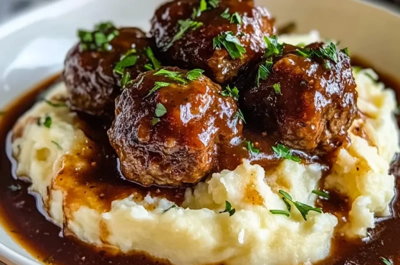 Salisbury Steak Meatballs with Garlic Herb Mashed Potatoes