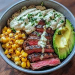 Steak, Avocado, and Roasted Corn Bowl with Cilantro Cream Sauce
