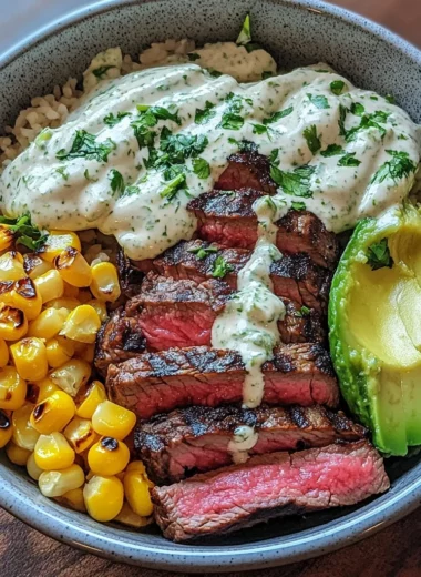 Steak, Avocado, and Roasted Corn Bowl with Cilantro Cream Sauce