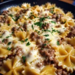 CHEESY GARLIC PARMESAN BEEF BOWTIE PASTA SKILLET