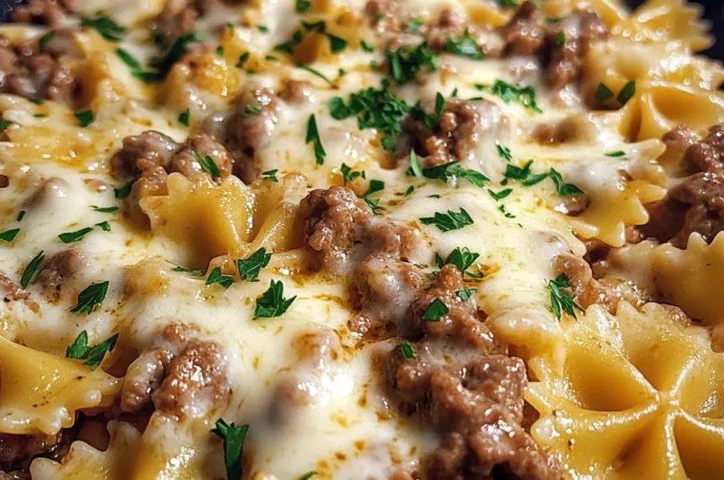 CHEESY GARLIC PARMESAN BEEF BOWTIE PASTA SKILLET