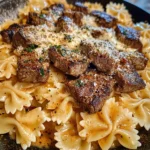 Cajun Steak Tips in Cheesy Parmesan Bowtie Pasta