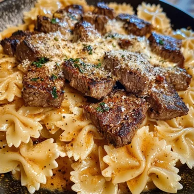 Cajun Steak Tips in Cheesy Parmesan Bowtie Pasta