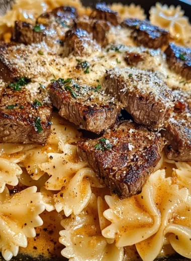 Cajun Steak Tips in Cheesy Parmesan Bowtie Pasta