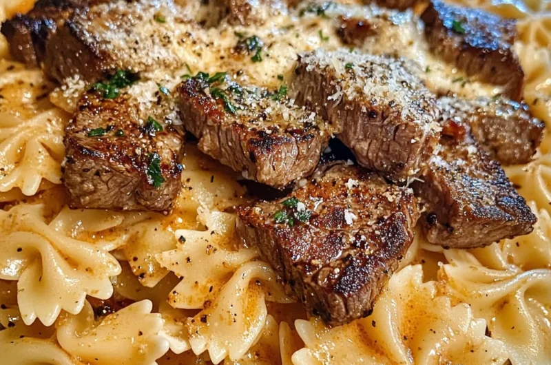 Cajun Steak Tips in Cheesy Parmesan Bowtie Pasta