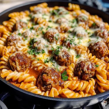 Cheesy One-Pan Honey BBQ Meatball Pasta