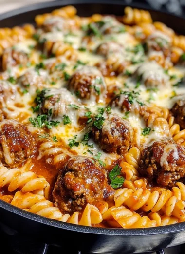 Cheesy One-Pan Honey BBQ Meatball Pasta