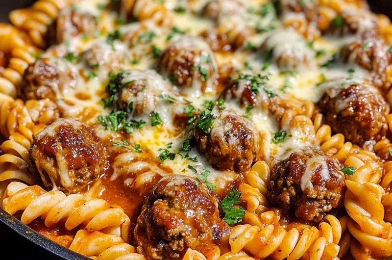 Cheesy One-Pan Honey BBQ Meatball Pasta