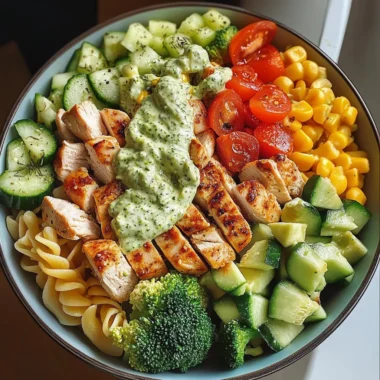 Creamy Chicken Pasta Bowl with Avocado, Veggies & Herb Sauce