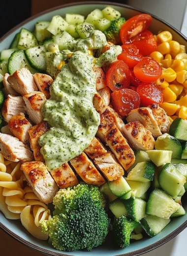 Creamy Chicken Pasta Bowl with Avocado, Veggies & Herb Sauce
