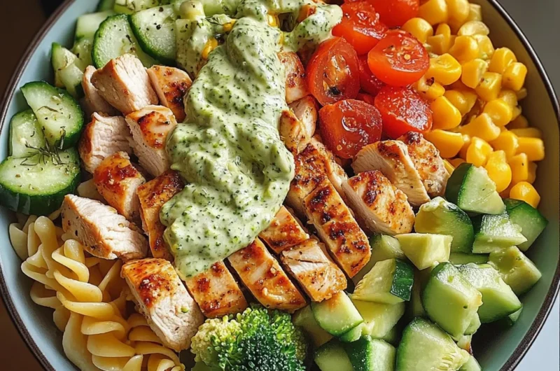 Creamy Chicken Pasta Bowl with Avocado, Veggies & Herb Sauce