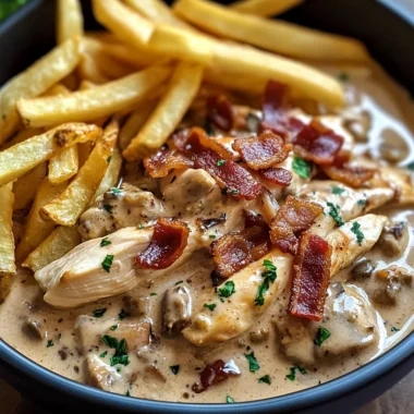 Creamy Chicken & Bacon Stroganoff Slow-Cooked to Perfection, Served with Golden Fries
