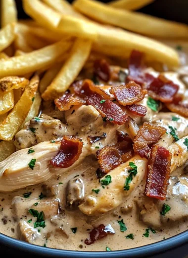 Creamy Chicken & Bacon Stroganoff Slow-Cooked to Perfection, Served with Golden Fries