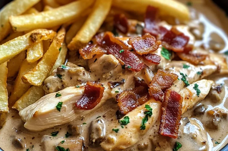 Creamy Chicken & Bacon Stroganoff Slow-Cooked to Perfection, Served with Golden Fries