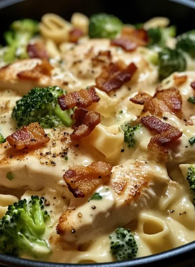 Creamy Garlic Butter Alfredo with Chicken, Bacon & Broccoli