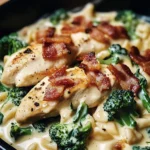 Creamy Garlic Butter Chicken Alfredo with Bacon, Broccoli & Spinach