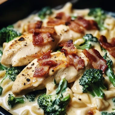 Creamy Garlic Butter Chicken Alfredo with Bacon, Broccoli & Spinach