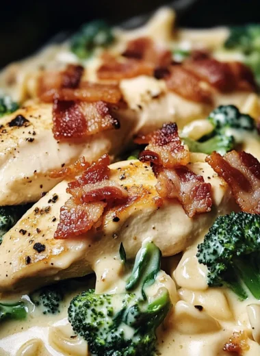 Creamy Garlic Butter Chicken Alfredo with Bacon, Broccoli & Spinach