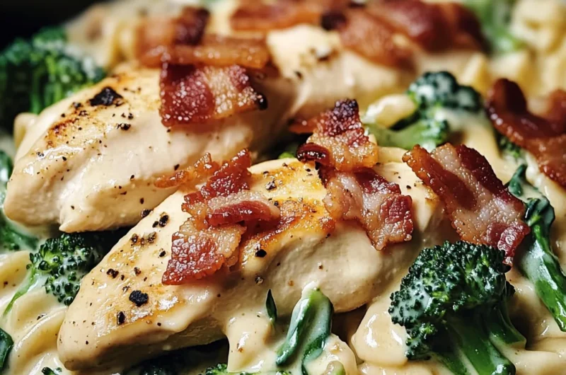 Creamy Garlic Butter Chicken Alfredo with Bacon, Broccoli & Spinach
