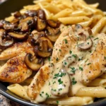 Creamy Garlic Mushroom Chicken with White Cheddar Parmesan Penne