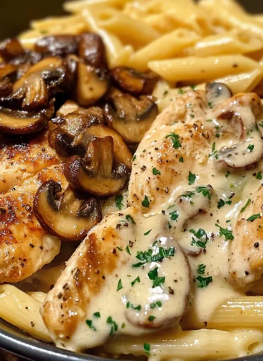 Creamy Garlic Mushroom Chicken with White Cheddar Parmesan Penne